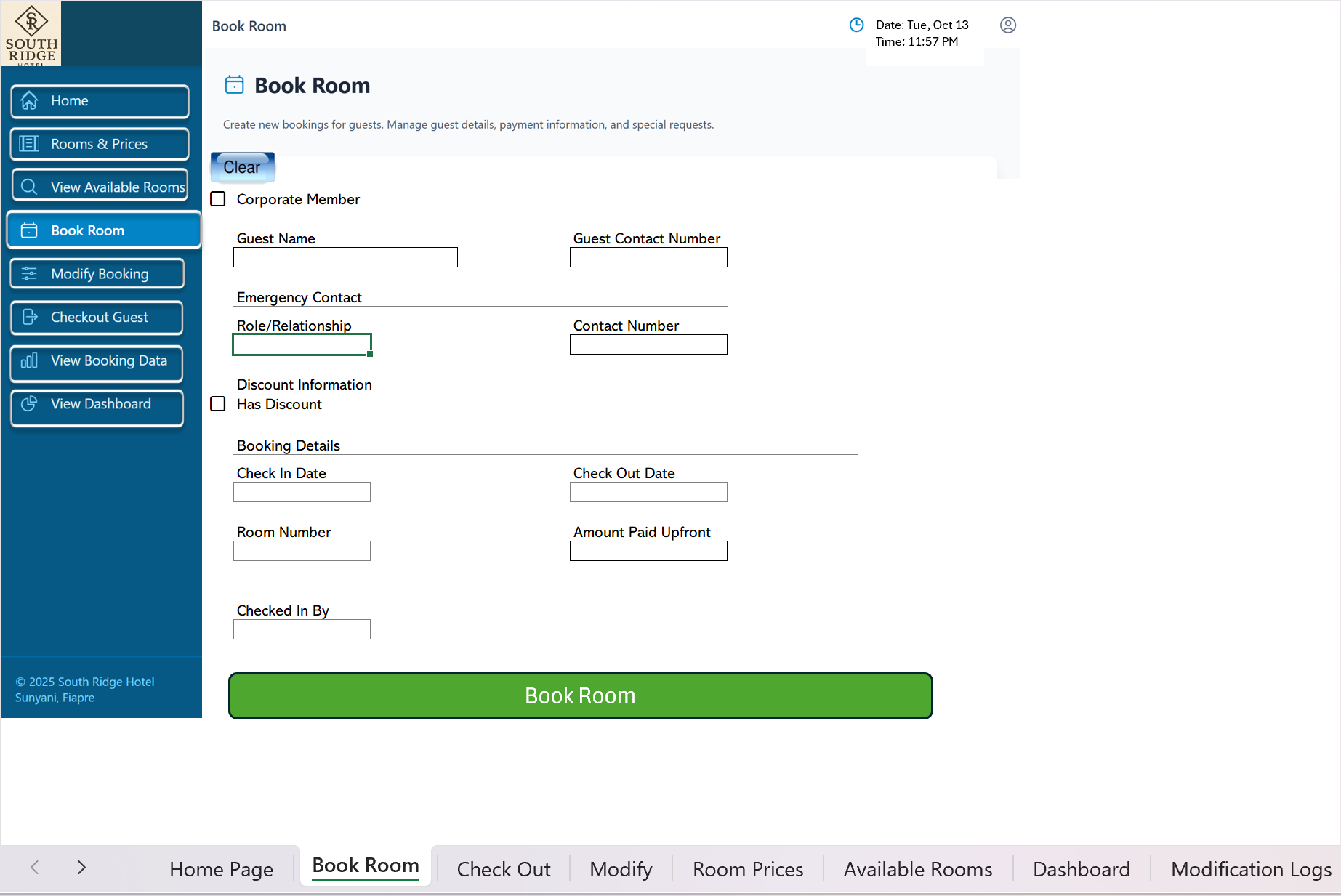 Book Room form with guest details, emergency contact, discounts and booking details