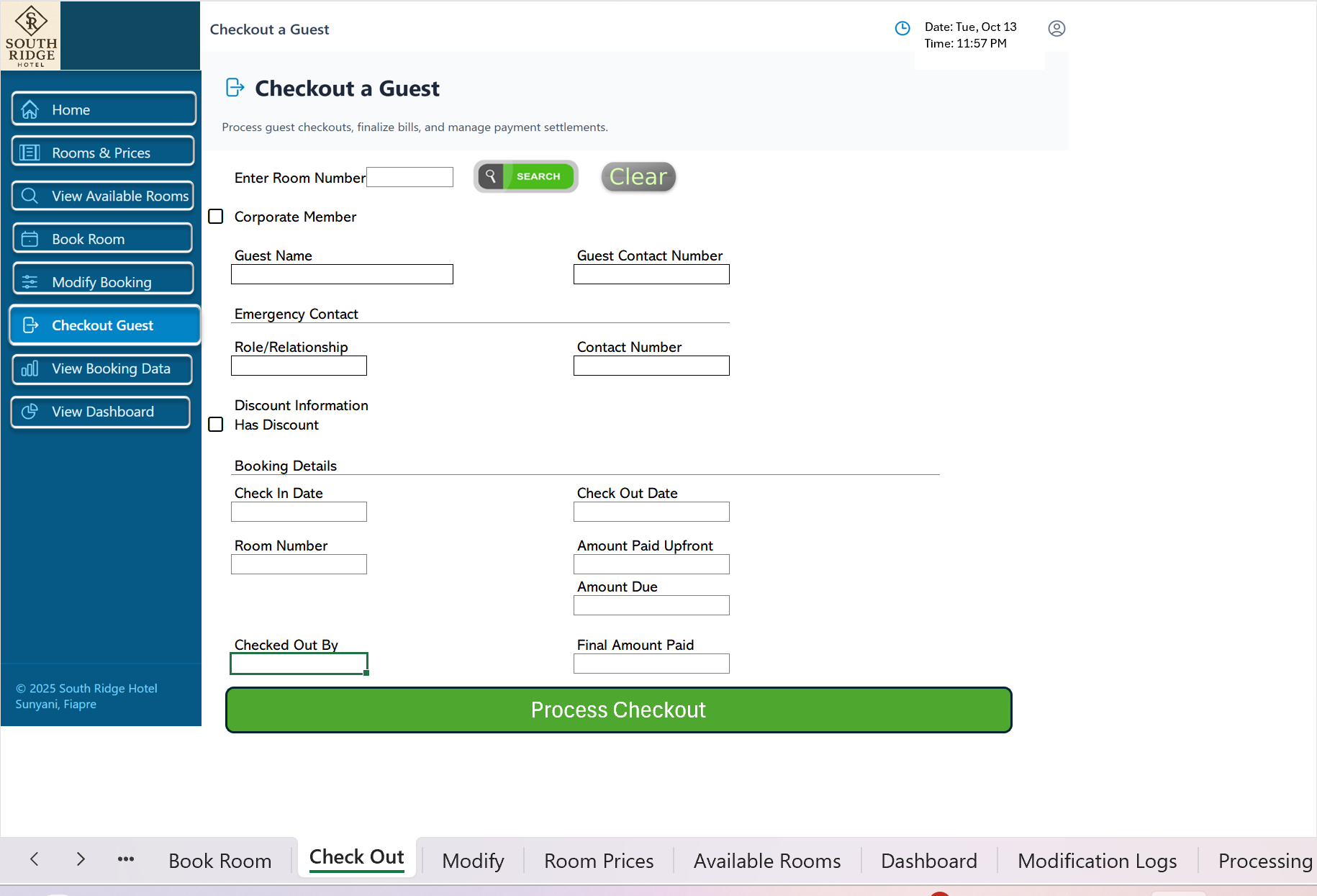 Checkout screen: search by room number, amount due and final amount paid