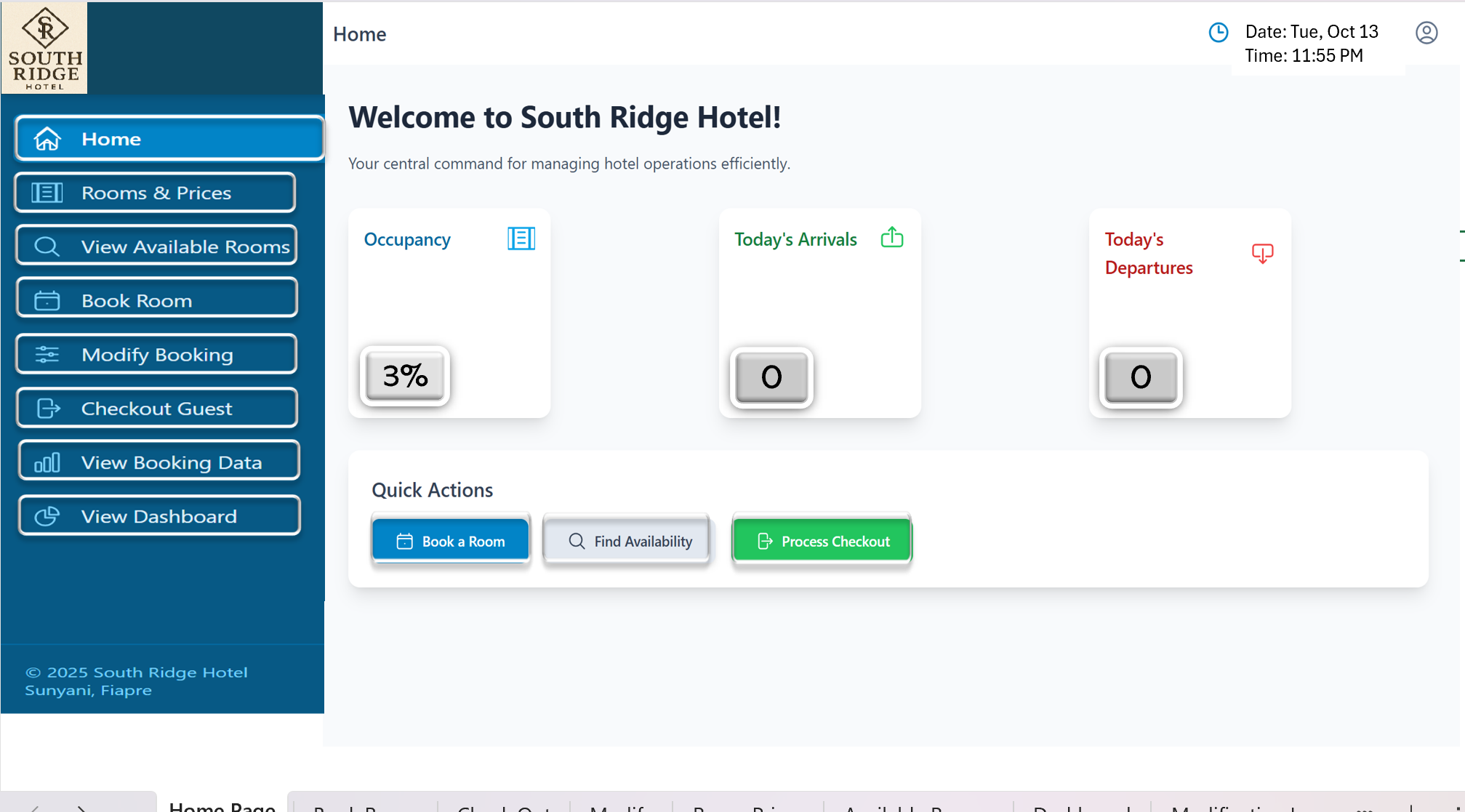 Home screen of the South Ridge Hotel booking system, built in Excel: occupancy, today's arrivals and departures, and quick actions
